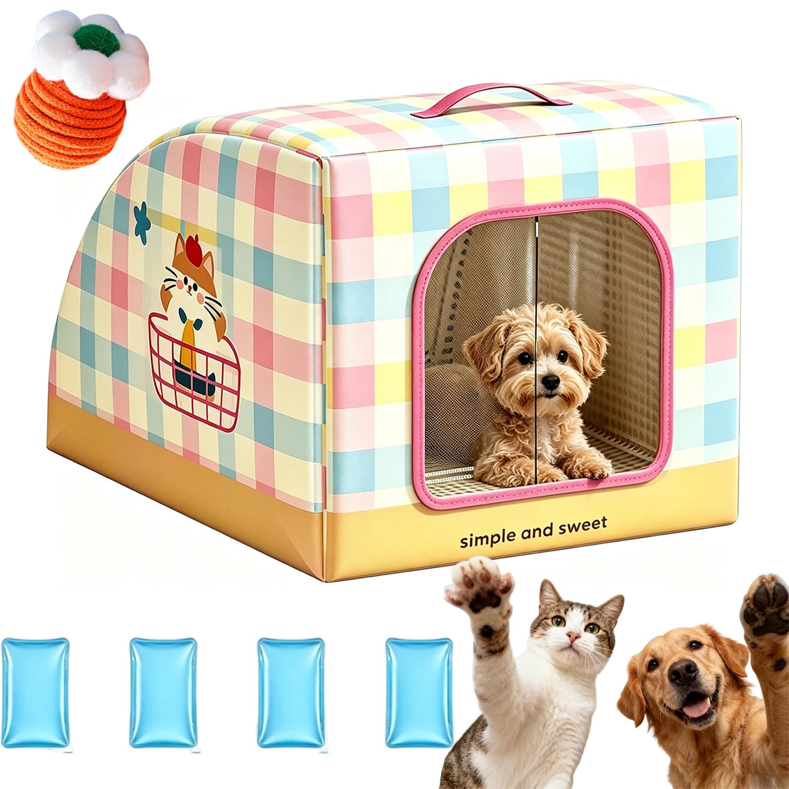 Cooling Cat House with Handle, for Indoor And Outdoor Cats Dogs Use (M-Yellow)