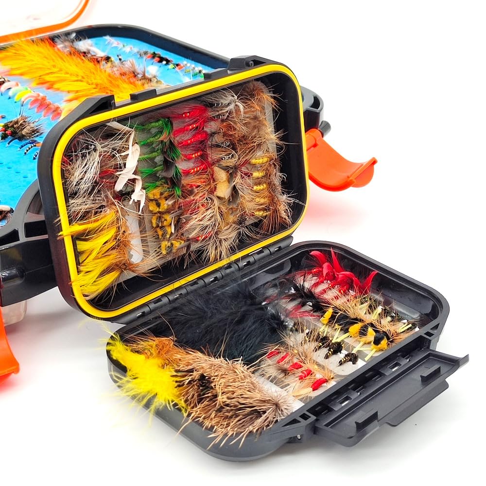 100Pcs/120Pcs Fly Fishing Lures Kit with Double-Sided Waterproof Case: Hand-Tied Dry, Wet, Nymphs & Streamers Assortment with Natural Feathers for Trout, Bass - Fishing Gift for Anglers