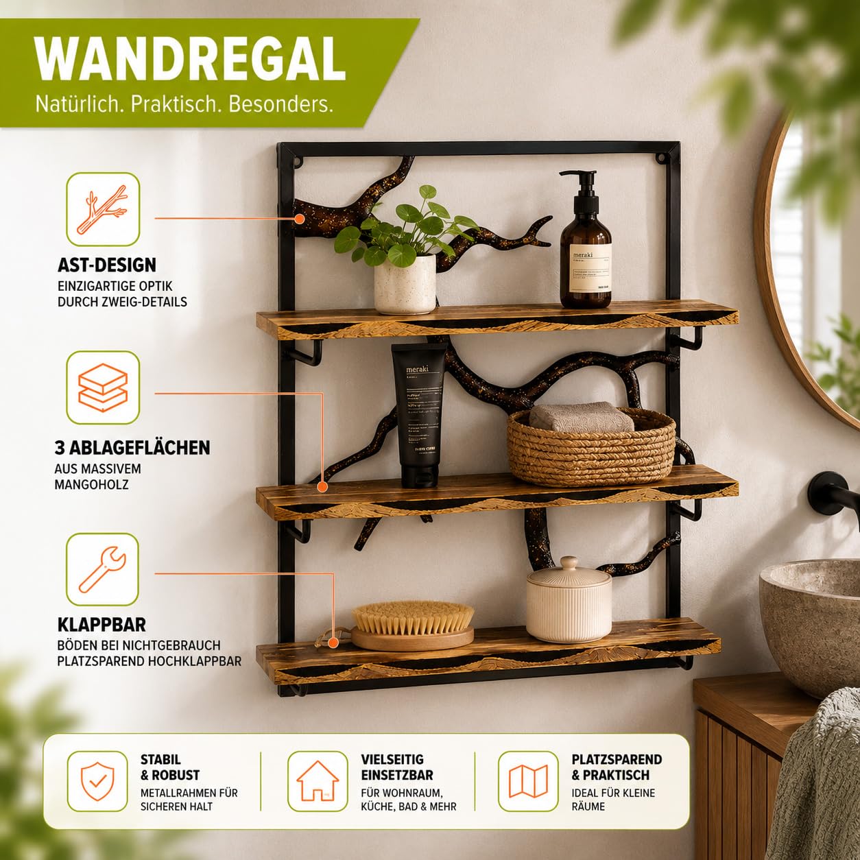 Kobolo Wandregal Hängeregal Bücherregal -AST Zweig- 3 Böden 59x20x66 cm