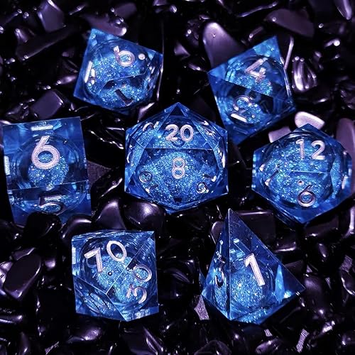 Dados DND de núcleo líquido, 7 piezas hechos a mano, con bordes afilados, juego de dados de resina poliédrica para dados de mazmorras y dragones,