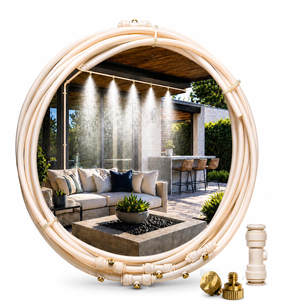 O'FRESH Nebulizzatore Terrazza esterna 10m, Giardino, Ombrelloni, Tende da Sole, Serre. Linea di Nebulizzazione con 7 ugelli in acciaio inox di alta qualità. Climatizzazione esterna