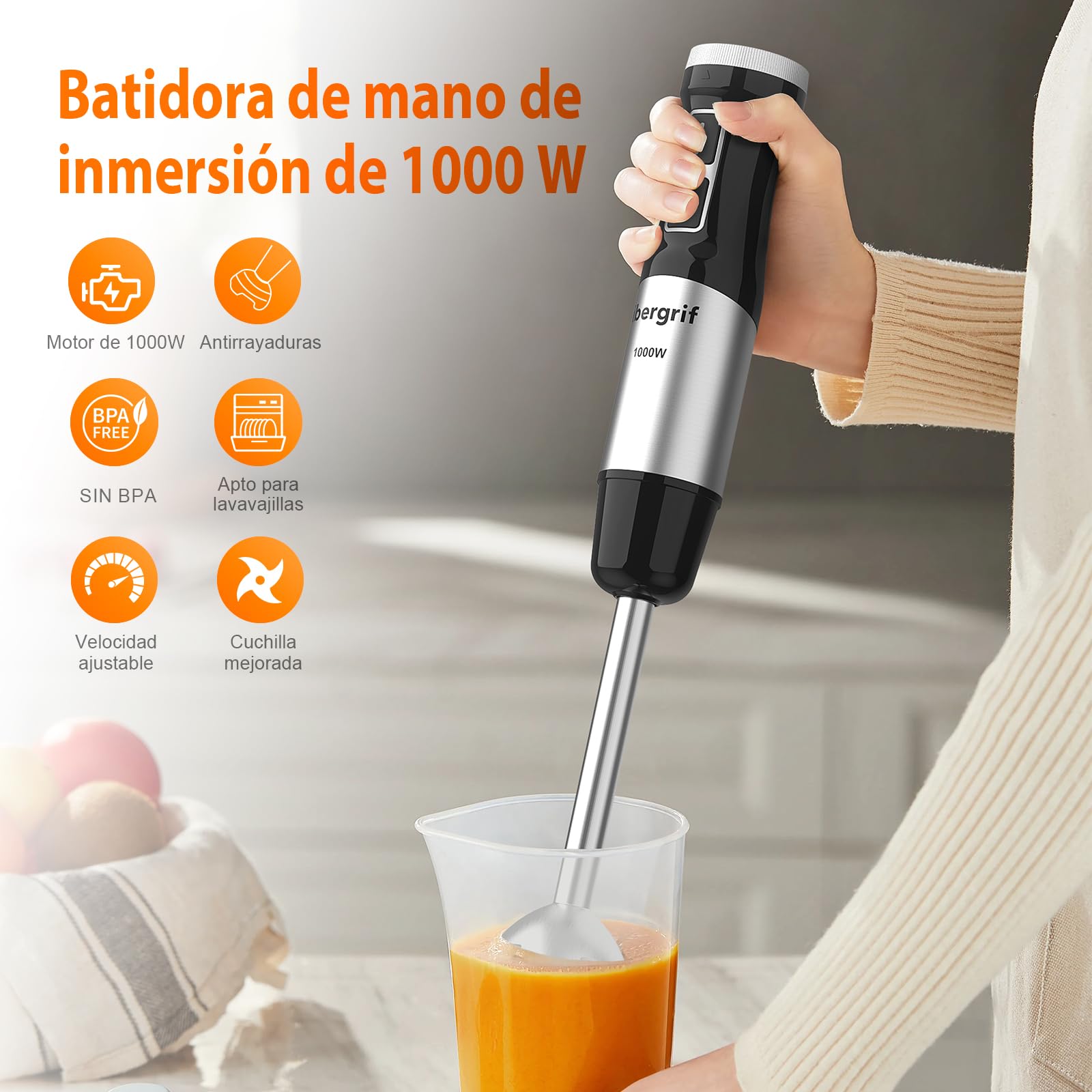 Ibergrif Batidora de Mano 1000W de Acero Inoxidable para Uso Diario con Control de Velocidad Progresivo y Botón Turbo para Sopas Purés Smoothies y Salsas