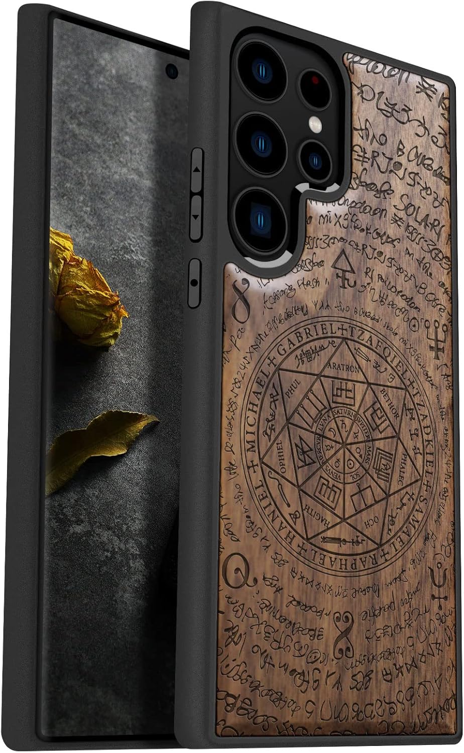 Carveit Wood Case for Galaxy S23 Ultra Case [Natural Wood & Black Soft TPU] Shockproof Protective Cover Unique & Classy Wooden Design Compatible with Samsung S23 Ultra (Solomon's Seals-Rosy)