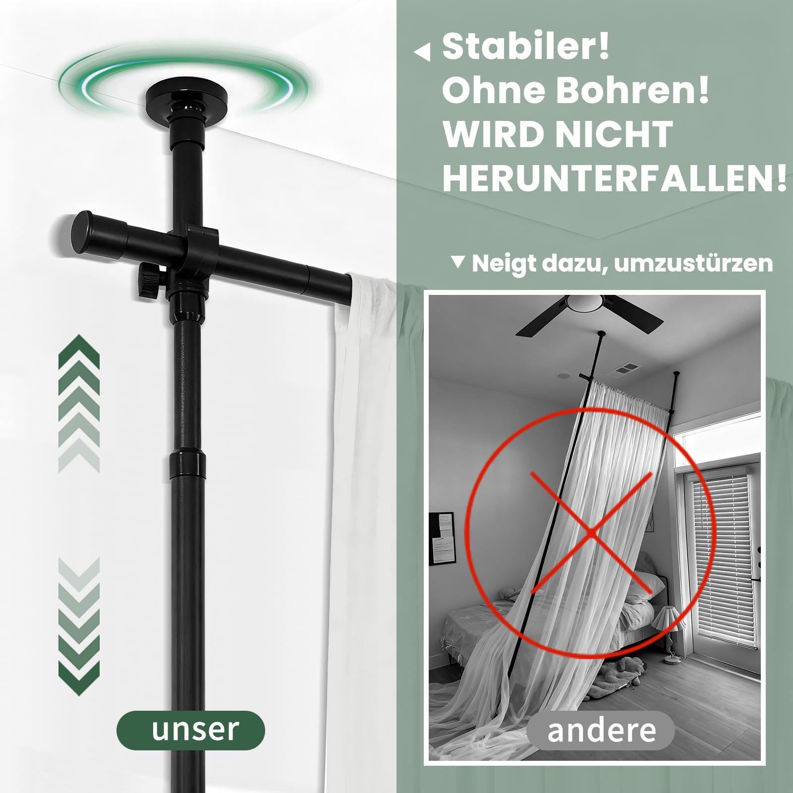 JILRON Barra de cortina sin agujeros, separador de espacios, barra de cortina de techo ajustable (H110-300 × B183-508 cm) para salón, apartamento de alquiler, negro