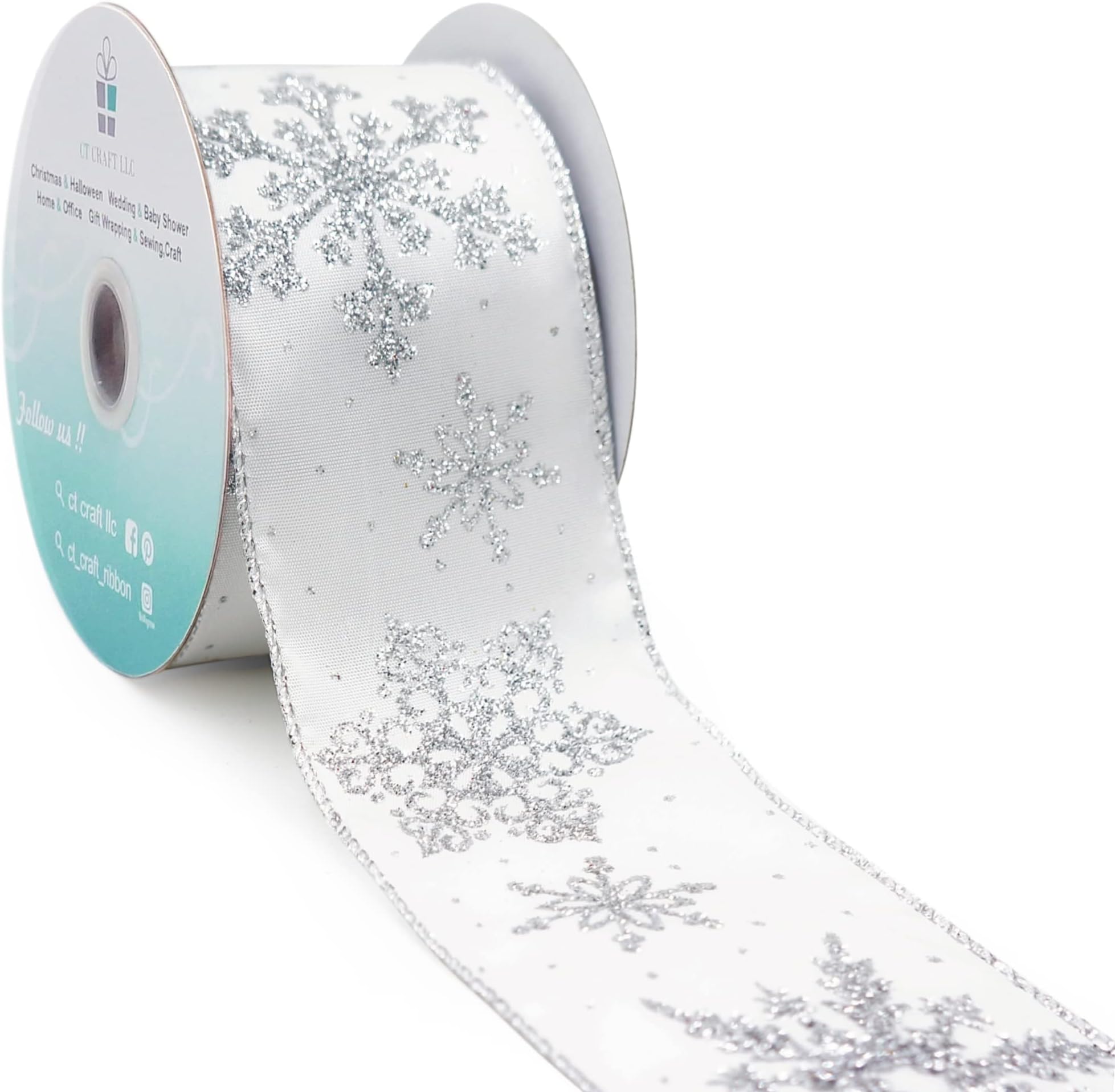 CT CRAFT LLC White Satin with Silver Snowflake Wired Ribbon - 2.5 Inch x 10 Yards - White/Silver for Christmas Home Decor, Gift Wrapping, Bow Making, Wreath, DIY Crafts