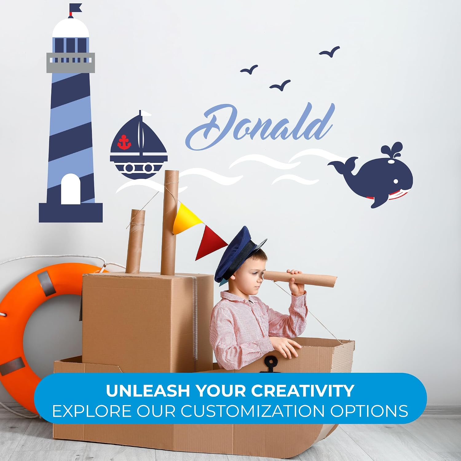 Personalized Name & Initial Lighthouse Whale Birds Ocean Wall Decals I Whale Baby Decorations for Boy & Girl Bedroom I Ocean Theme Classroom I Nursery Decor I Ocean Animals (Wide 40"x23" Height)
