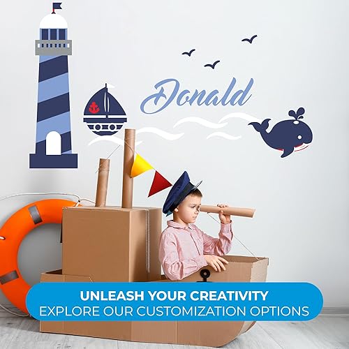 Miniatura 2 de Calcomanías de pared personalizadas con nombre e inicial, faro, ballena, pájaros, océano, decoraciones de bebé para dormitorio de niños y niñas