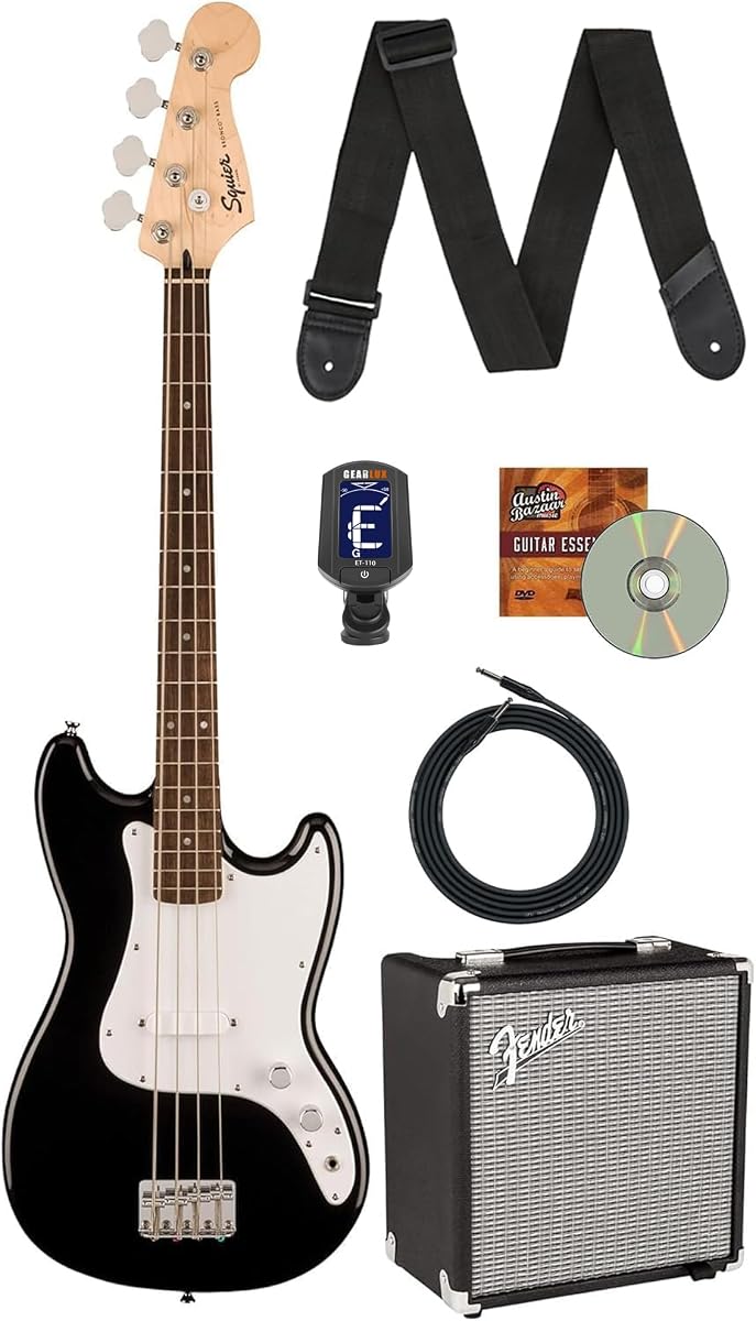 Bajo Squier Sonic Bronco - Paquete negro con amplificador de bajo Rumble 15, cable, afinador, correa y DVD instructivo de Austin Bazaar