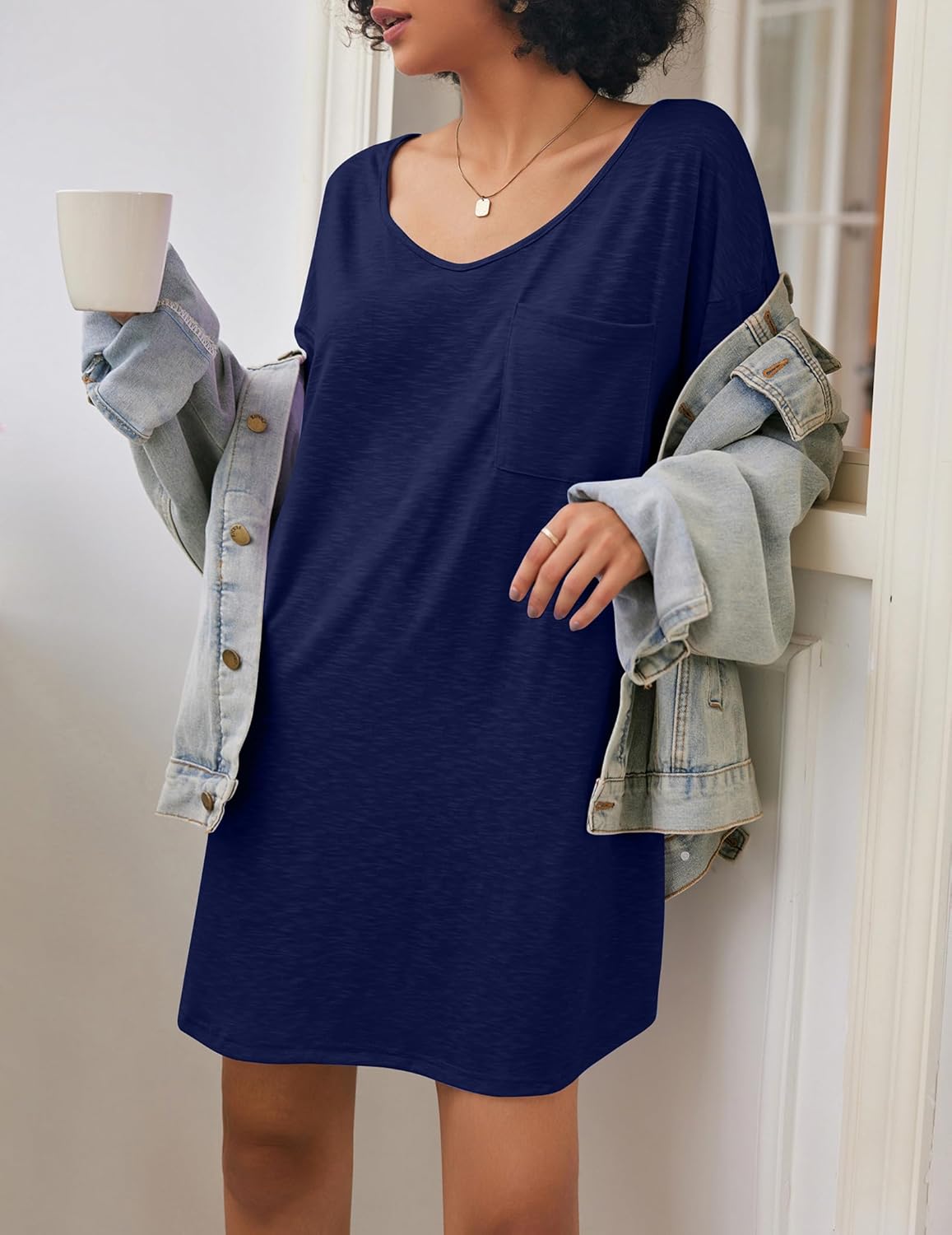 Ekouaer Womens Tshirt Nightgown Cotton V Neck Sleepshirts Comfy Casual Nightshirt for Women - Image 2