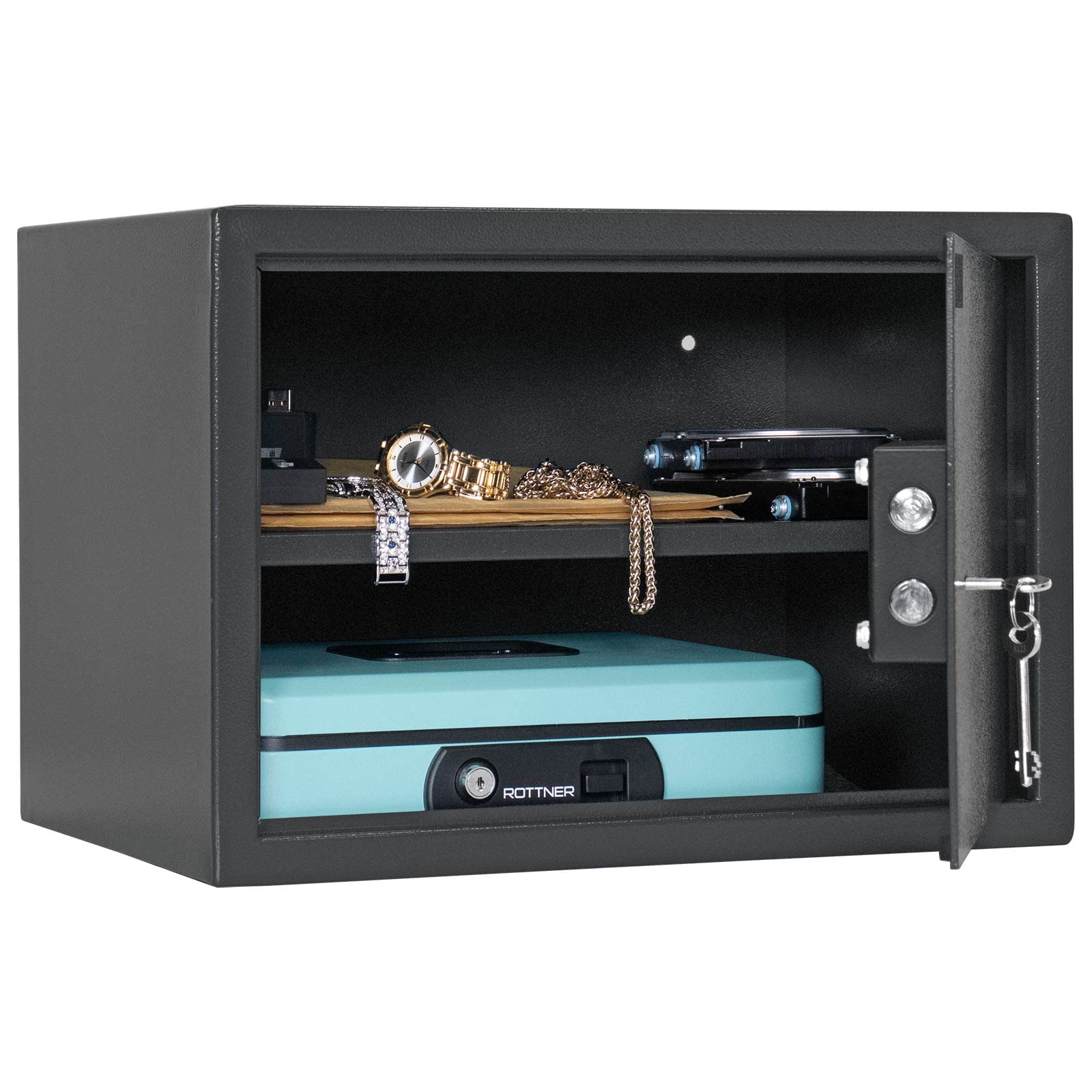 Rottner cassaforte a mobile Jupiter 4, serratura a doppia mappa, antracite, LxHxP 43x30x32cm, kit di fissaggio incluso, ripiano estraibile, inserto in feltro