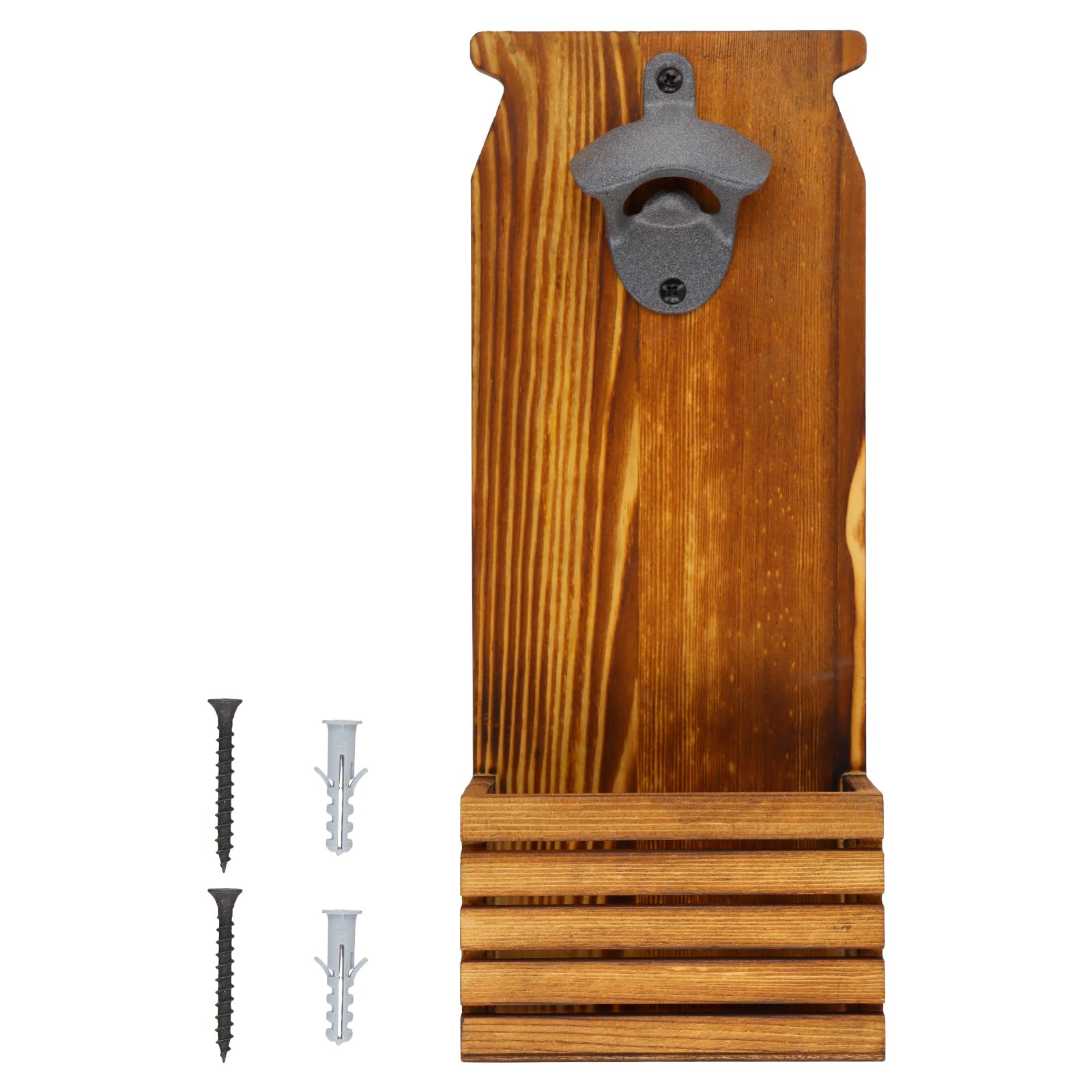 Abrebotellas de Pared o de Pie, Abridor de Botellas con Colector y Tapón, Madera 12x7,4x30cm