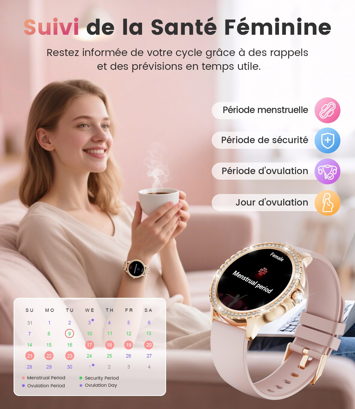 LIGE 1.32" HD Montre Connectée Femme avec Appel Bluetooth, Smartwatch avec Fonction Féminine/120+ Modes Sport/Fréquence Cardiaque/Sommeil/Cycle menstruel/Podomètre Calories pour Android iOS Or Rose