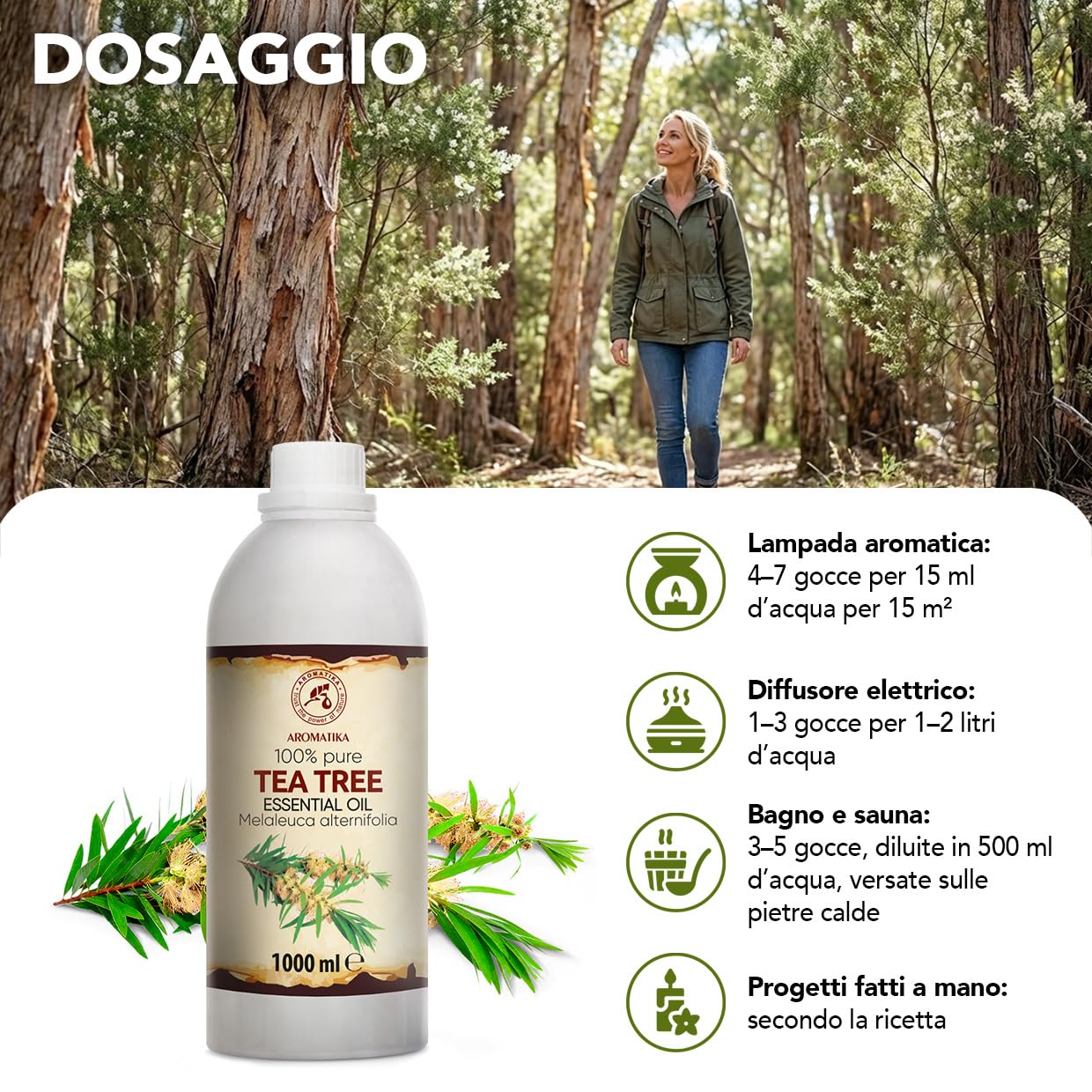 Olio Essenziale Dell'albero Del Tè 1000 ml - Melaleuca Alternifolia - Naturale e Puro - Olio essenziali per Diffusori - Profumi per la Casa - Saponi e Candele - Sauna - Aroma Fresco - Aromaterapia