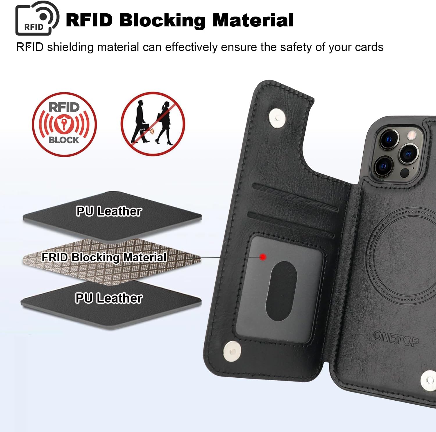 ONETOP Compatible with Magsafe for iPhone 12/12 Pro Wallet Case with Card Holder, PU Leather Kickstand RFID Blocking Case, Double Magnetic Clasp and Durable Shockproof Cover 6.1 Inch (Black) - Image 7