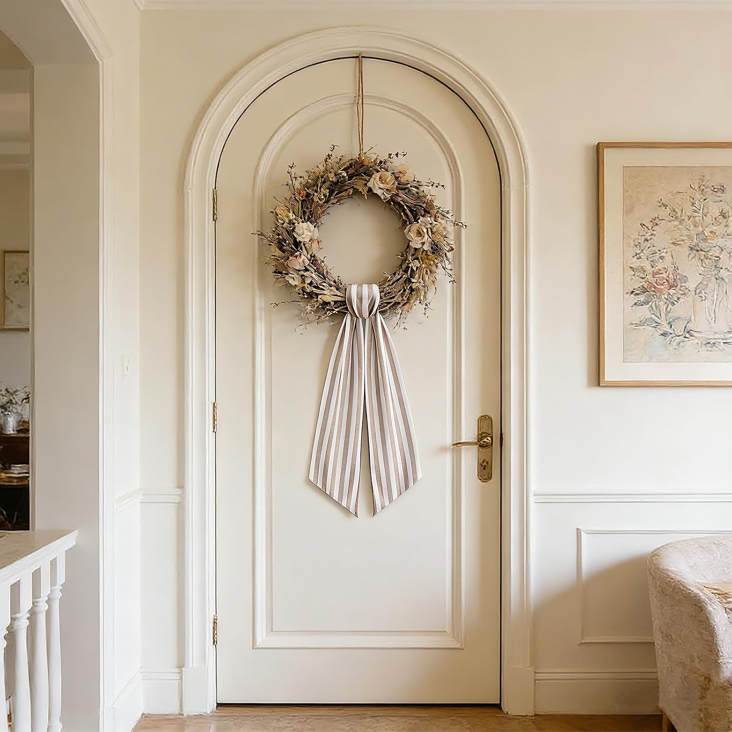 AZYM 2 Pcs Wreath Sash for Front Door,Wreath Ribbon Accessories for Outdoor Indoor Party Yard Doorway Wall Decor(White and Beige)