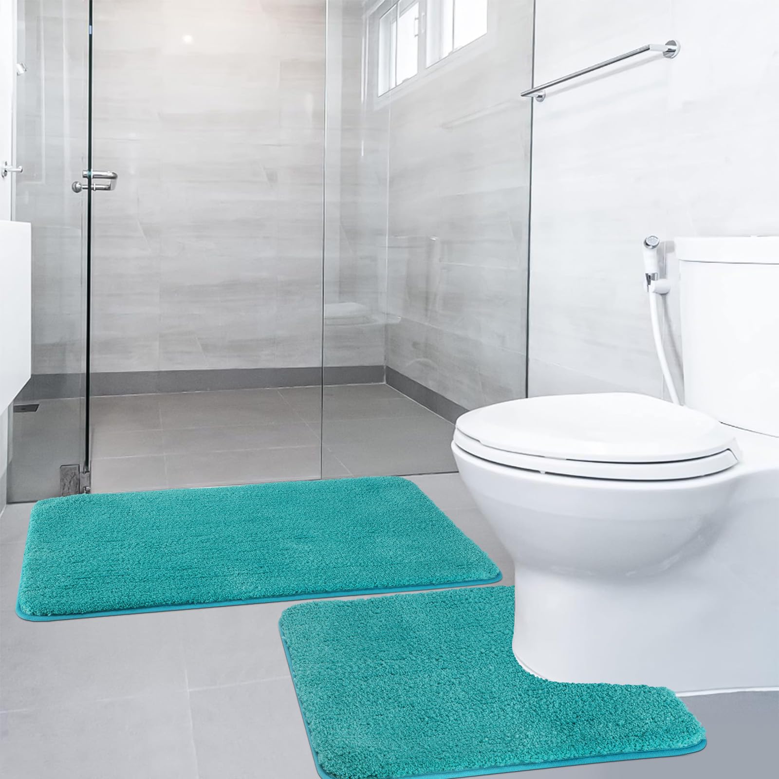 2 Piece Non-Slip Bath Mat Set, Luxury Thick Microfiber Shaggy Bathroom Rugs, 50 X 80 CM Soft Plush Shower Mat & 50 X 50 Toilet Pedestal Carpet, Machine Washable, Absorbent, Turquoise