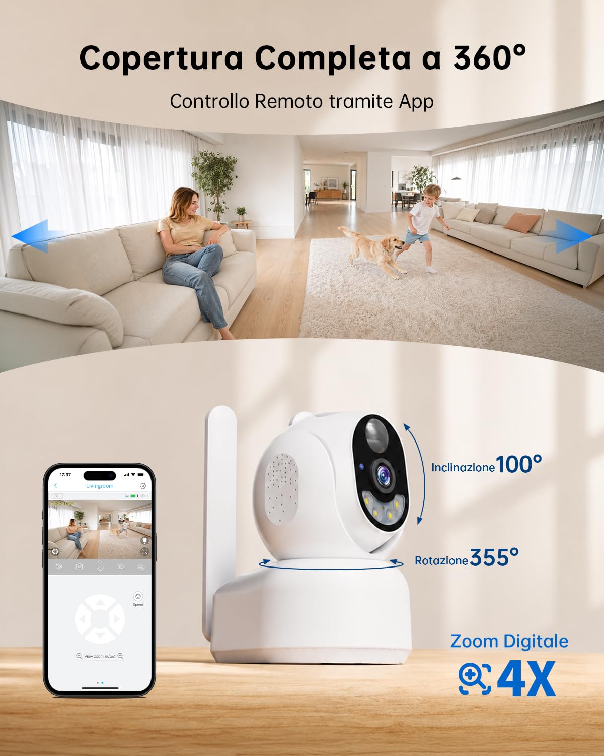 4G LTE Telecamera Interno con SIM, 2K 360° PTZ Telecamera Senza WiFi | Videocamera Sorveglianza Senza Fili Indoor, Visione Notturna a Colori, PIR Rilevamento, IP66, Per Neonati, Anziani e Animali