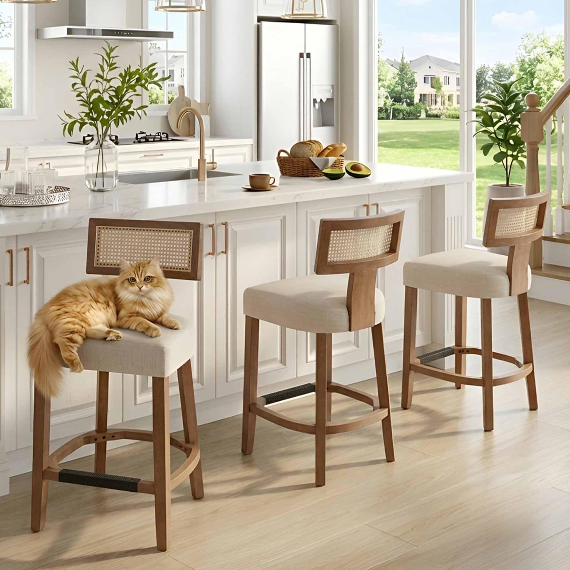 26’’ Rattan Barstools with Back Counter Height Bar Stools Set of 3, Modern Farmhouse Beige Linen Upholstered Wicker Counter Stools, Woven Boho Bar Height Stools with Natural Wood Frame