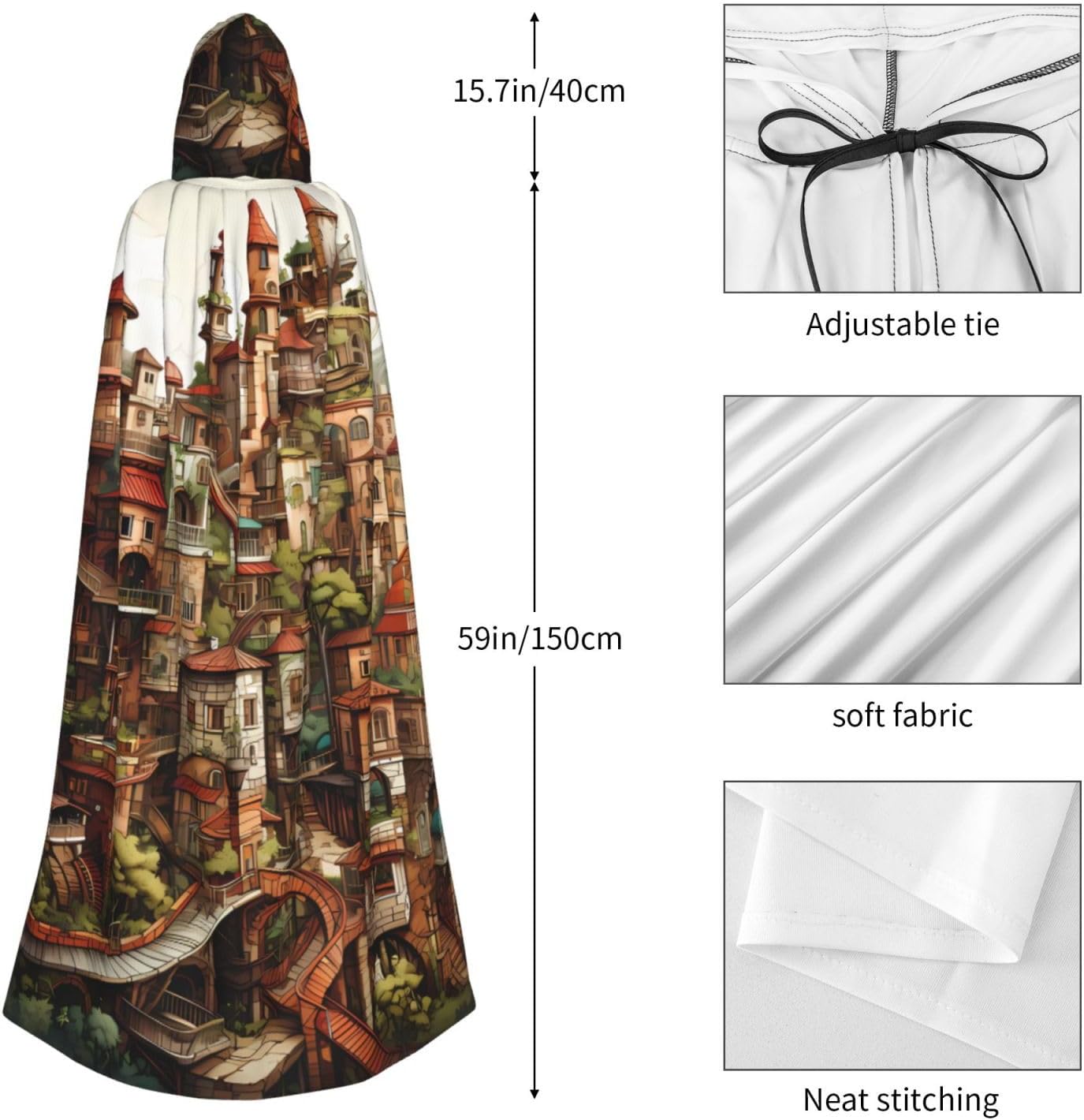 Unisex Full Length Hooded Halloween Christmas Party Robe Cloak Cape Cosplay Costume Men Women Dream Castle Prints Black