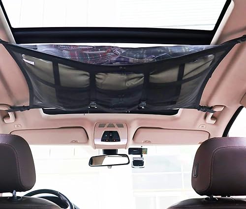 Miniatura 9 de Bolsillo de red de carga para el techo del automóvil, 31 x 21 pulgadas, organizador de almacenamiento de techo de doble capa para fortalecer la