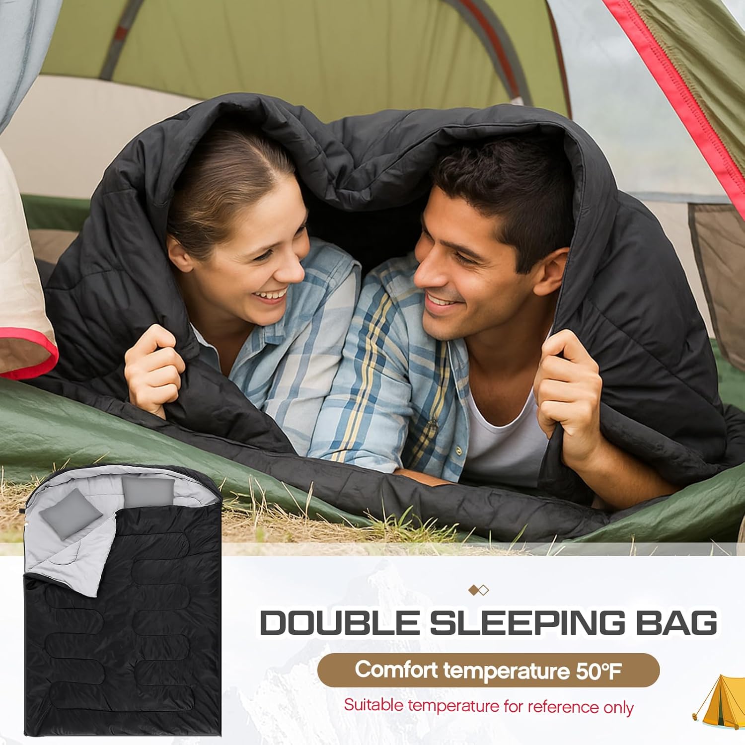 Tranqun 2 Pack Double Sleeping Bag for Adults, Queen Size Two Person Camping Sleeping Bag with Pillow Waterproof 3 Season Cotton Fabric for Hiking Backpacking Warm & Cold Weather