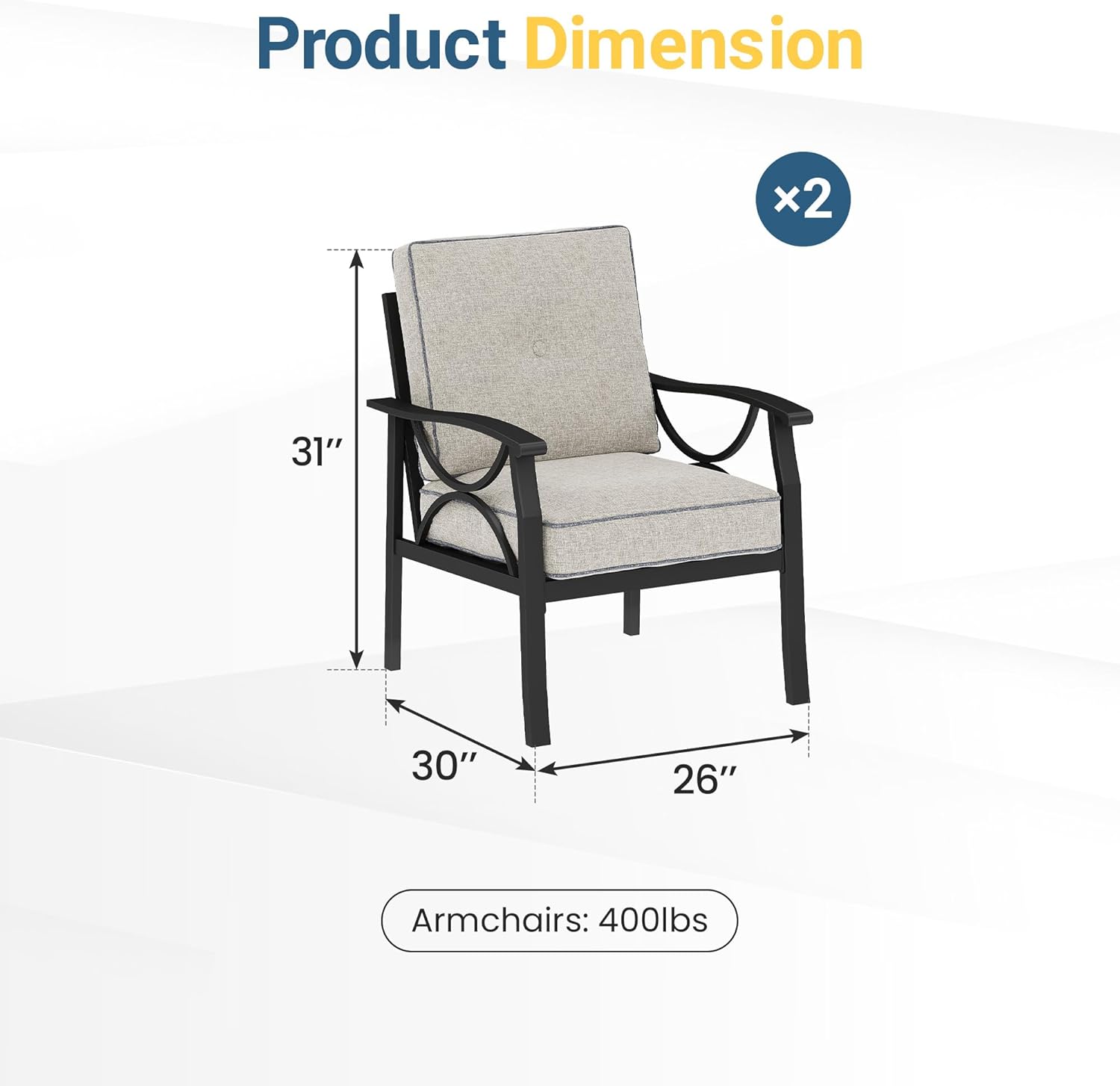 RoyalCraft 2 Pieces Outdoor Single Sofa,All-Weather Patio Metal Armchair,Black Metal Furniture with Gray Cushions