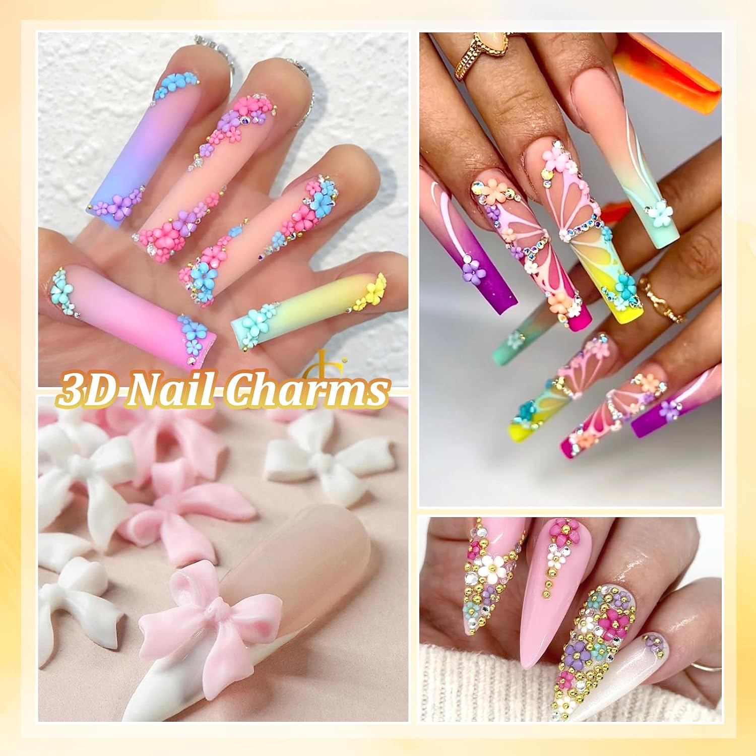 3D Flower Nail Charms and Gems, Color Tiny Flowers, Butterflies, Mixed Gems, Bows, 12 Grids, Glass & Plastic, Purple, Black, Red, Blue, Pink, White, Beginner & Professional Nail Art Design