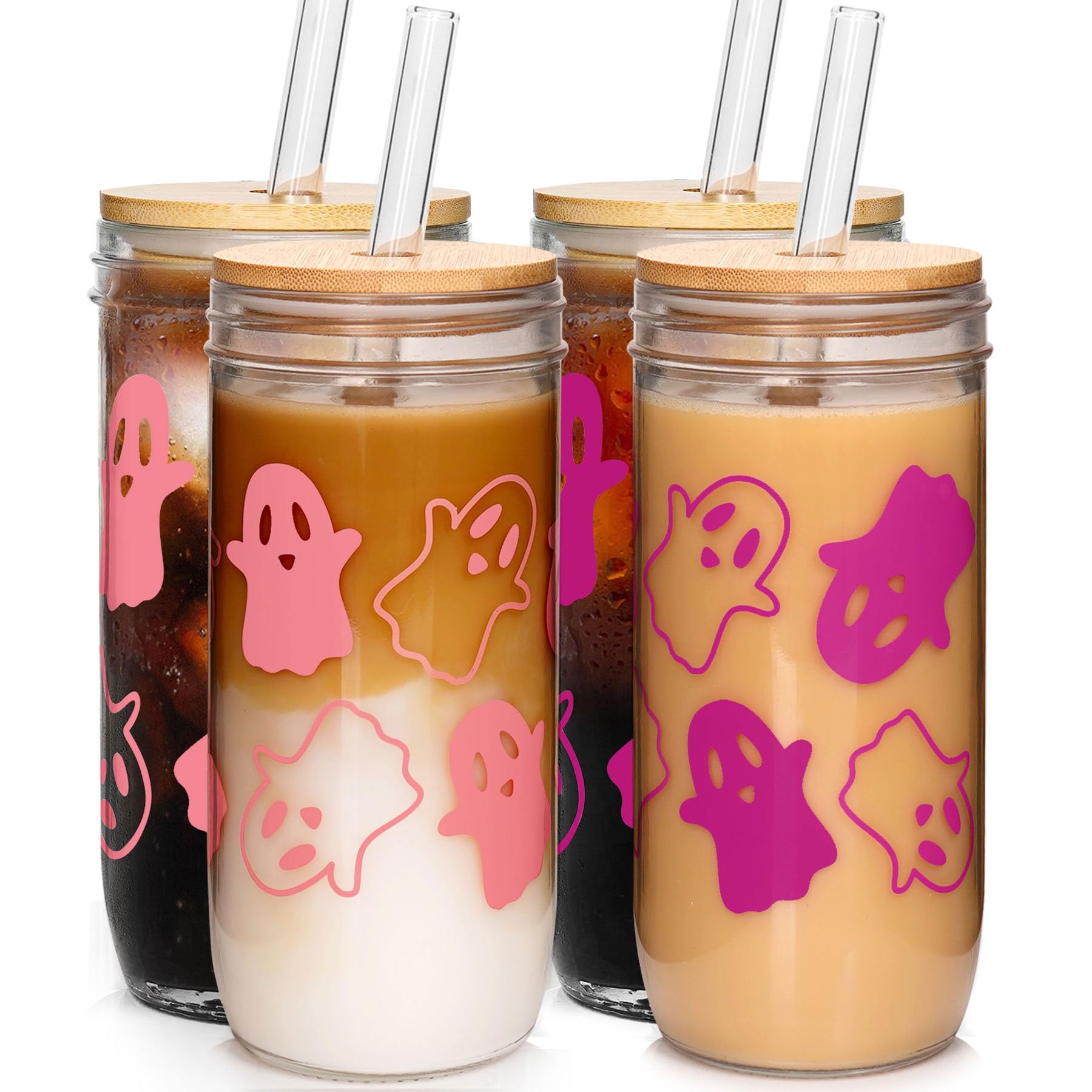 ANOTION Halloween Cups, 24oz Ghost Mug with Lid and Straw Tumbler Iced Coffee Cups Decor Cookie Jar Glasses Glassware Drinking Water Bottles Decorations Indoor