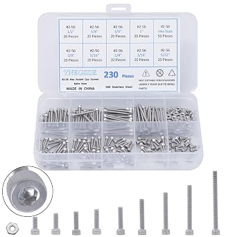 Hex Socket Head Cap Bolts Screws Nuts Assortment Kit 2-56 UNC Machine Screw Assortment Kit 304 Stainless Steel Nuts and Bolts Assortment Kit, Full Thread - 230 Pieces