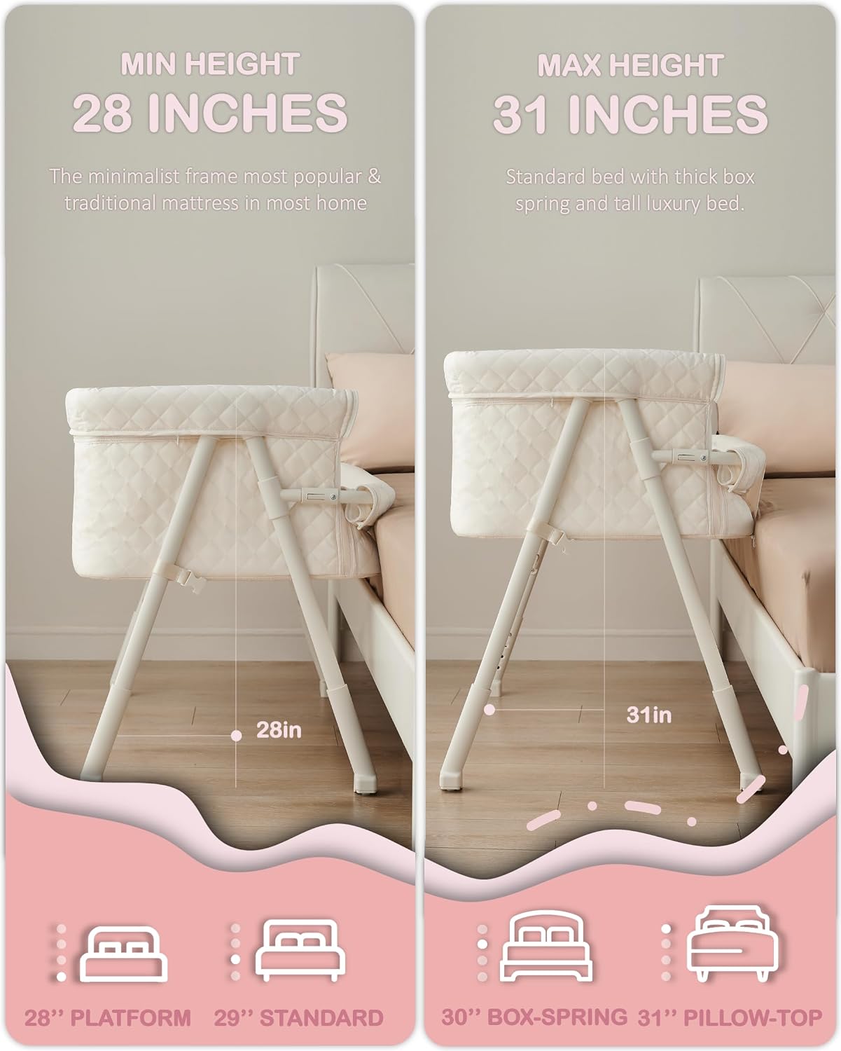 BEKA Bassinet Bedside Sleeper for Baby, 2 in 1 Baby Crib for Newborn, Bedside Bassinet with 4 Auto-Lock Wheels & Adjustable Height, Breathable Mesh Sides & Soft Mattress