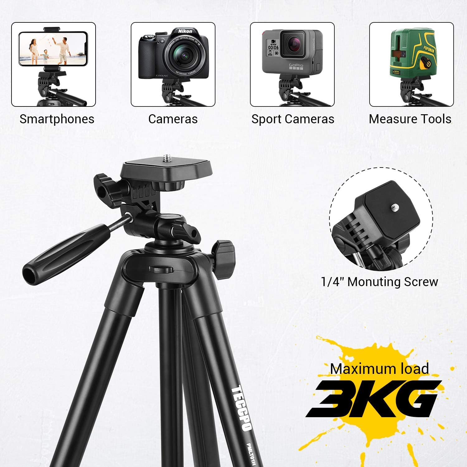 Suреr Brаndѕ TECCPO Portable Tripod, for Laser Level, Bluetooth, Lightweight Tripod for Phone/Camera, 360° Ball Head, 15.7-53 Inch Adjustable, Universal Clip, Carry Bag, for Travel, Home, Construction - PMLT01H