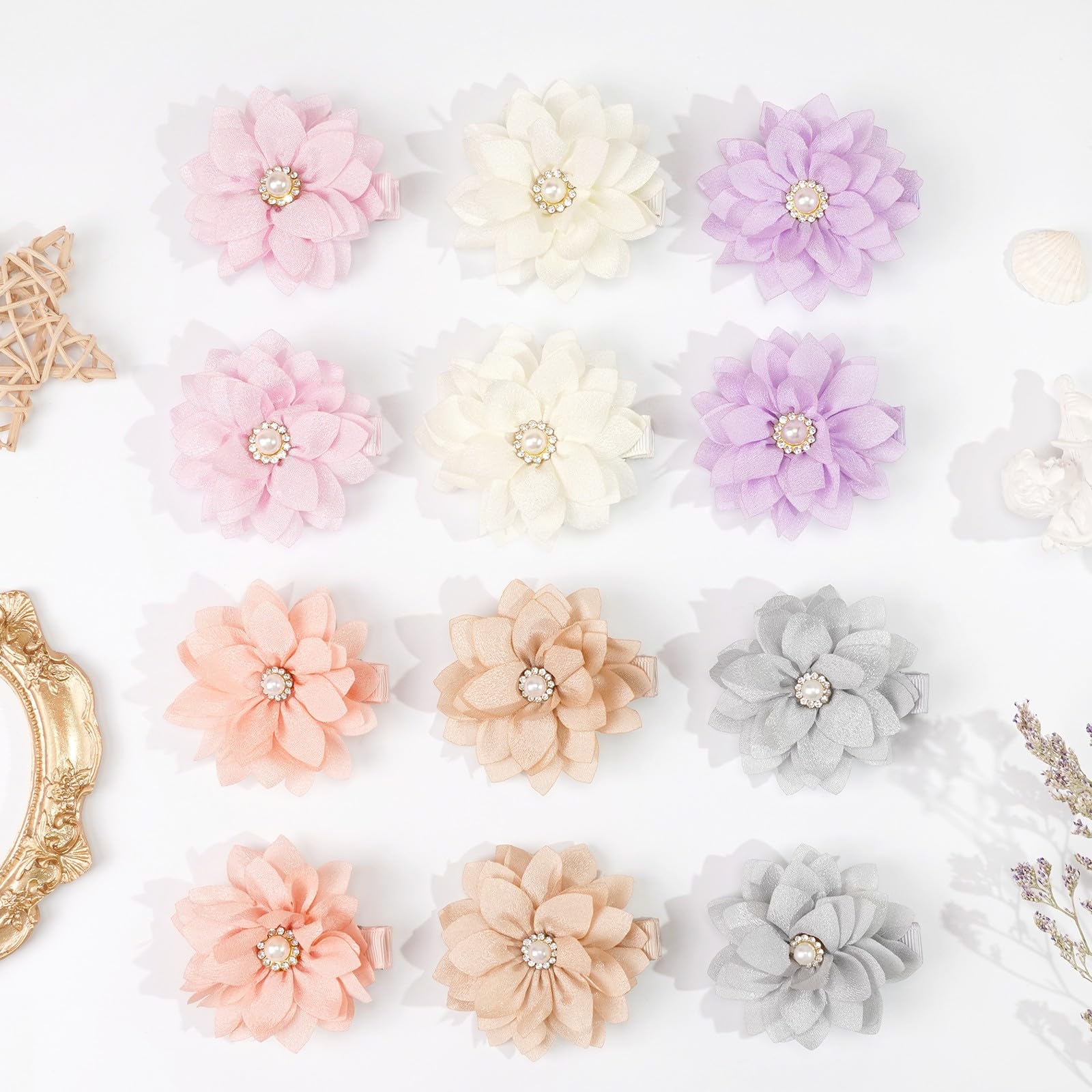 DeD 40 fermagli per capelli in chiffon da 5,8 cm, con fiore di strass, piccoli fermagli per capelli per ragazze e neonati, set da 20 paia
