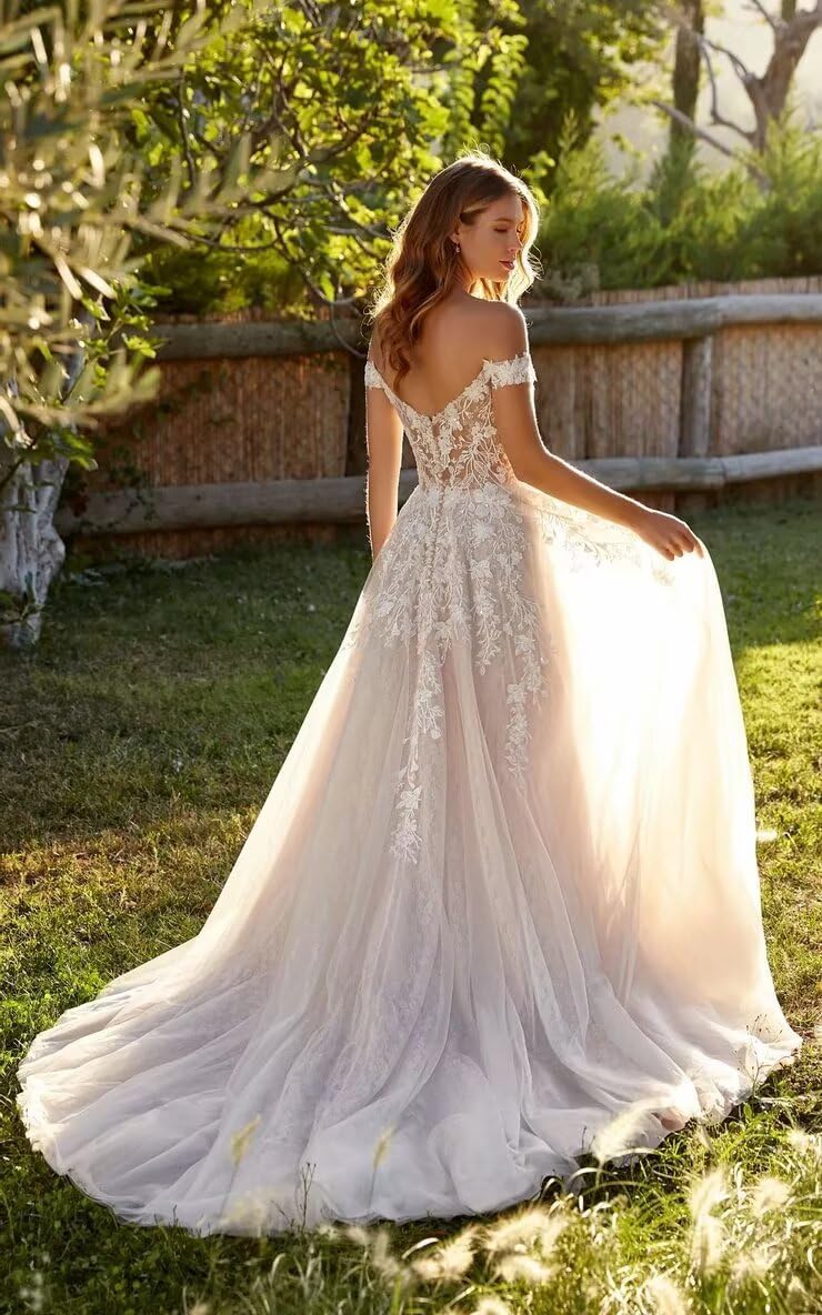 Boho Lace Wedding Dresses for Bride Long Sleeves Beach Tulle Bridal Dress with Train