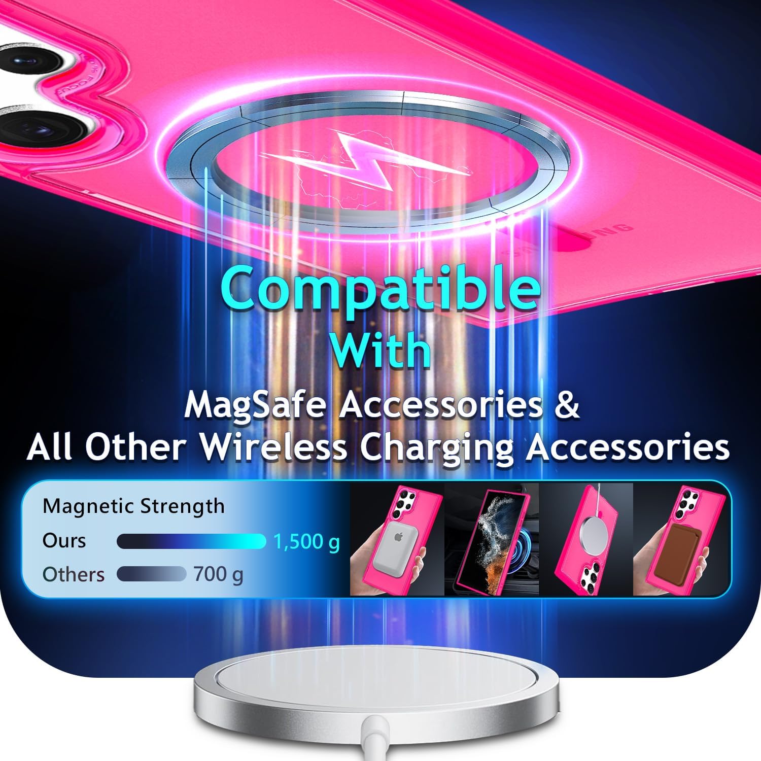YZB for Galaxy S22 Ultra Case, MagSafe Compatible, Hot Pink, Slim Matte image 4