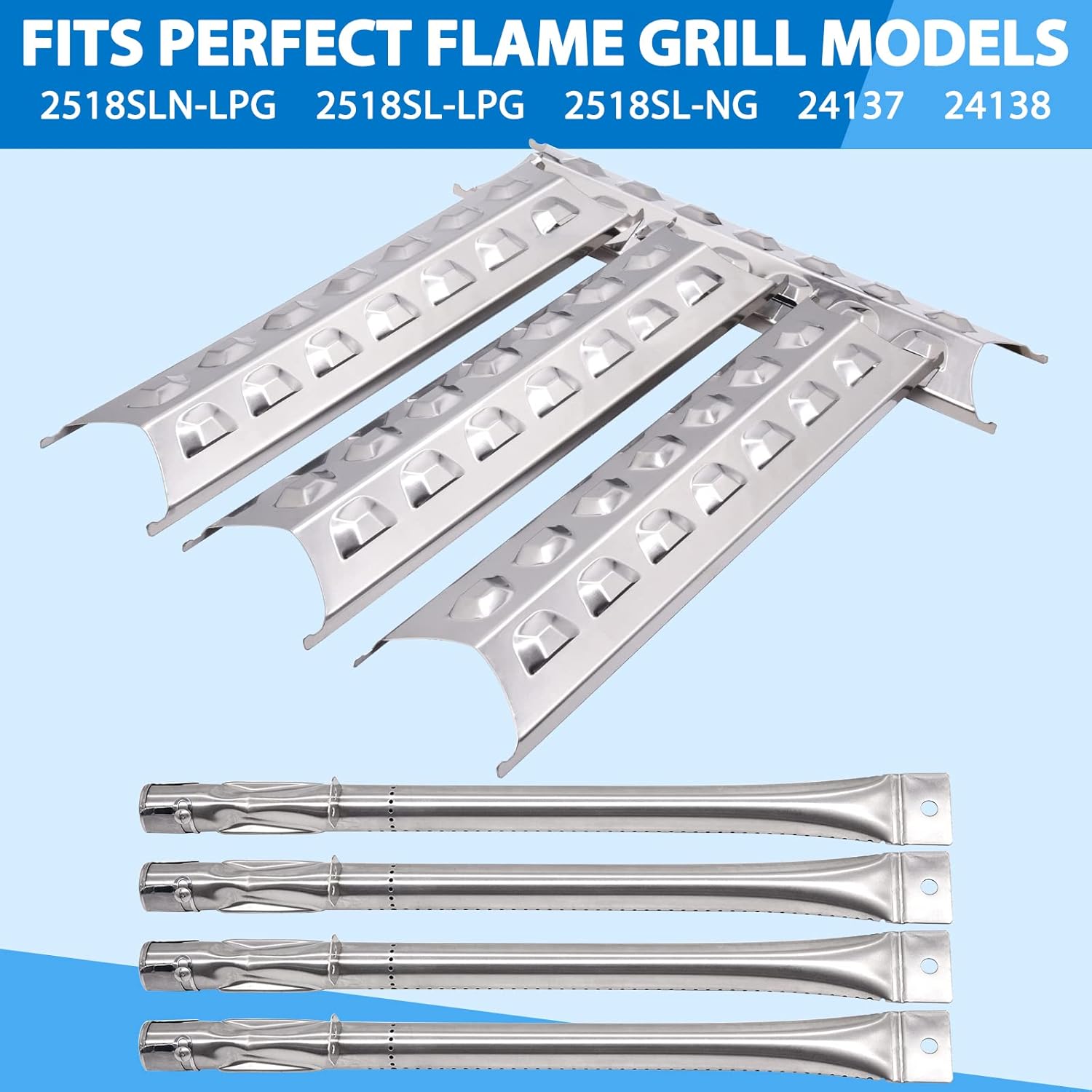 Grill Replacement Parts for Perfect Flame 2518SLN-LPG 2518SL-LPG 2518SL-NG 24137 24138, Stainless Steel Grill Burner Tube, Heat Plates Tent Replacement (4-Pack)