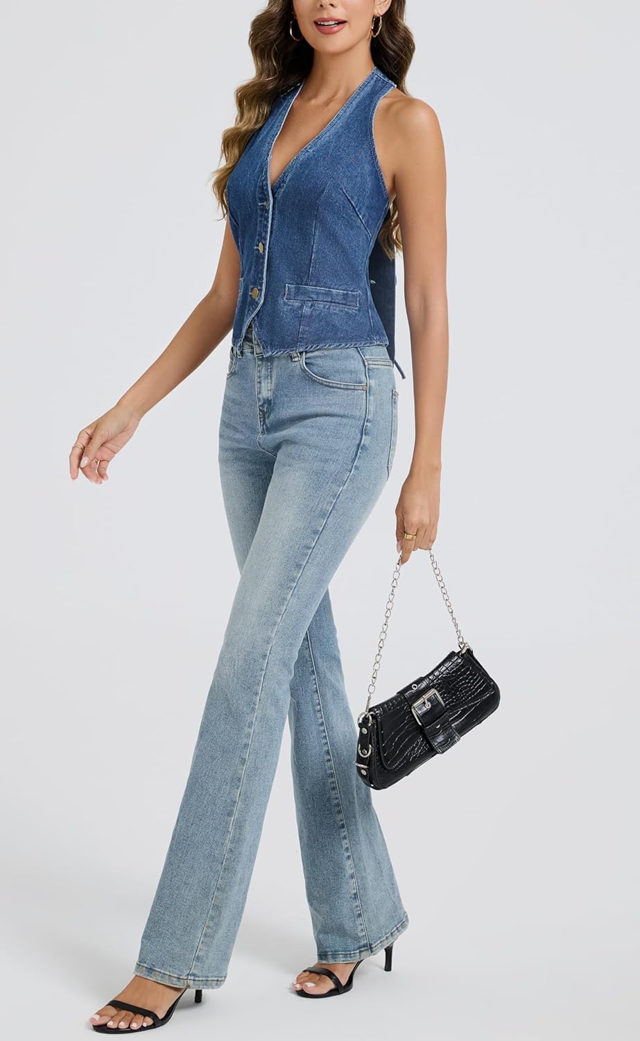 LADYFUL Halter Denim Vest Top for Women V Neck Jean Vest Waistcoat Sleeveless Back Tie Cowgirl Top Western Outfits - Image 3