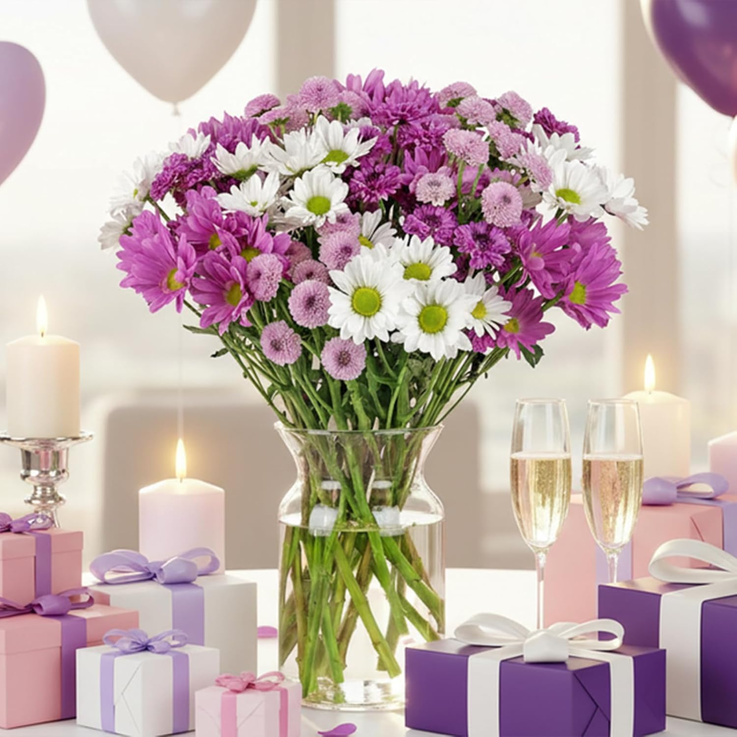 Benchmark Bouquets - Purple Daisies - Fresh Flowers for Delivery - Real Flowers in a Vase - Floral Arrangement - Birthday Flowers for Women - Get Well - Sympathy Gifts - Glass Vase Included (16 Stems)