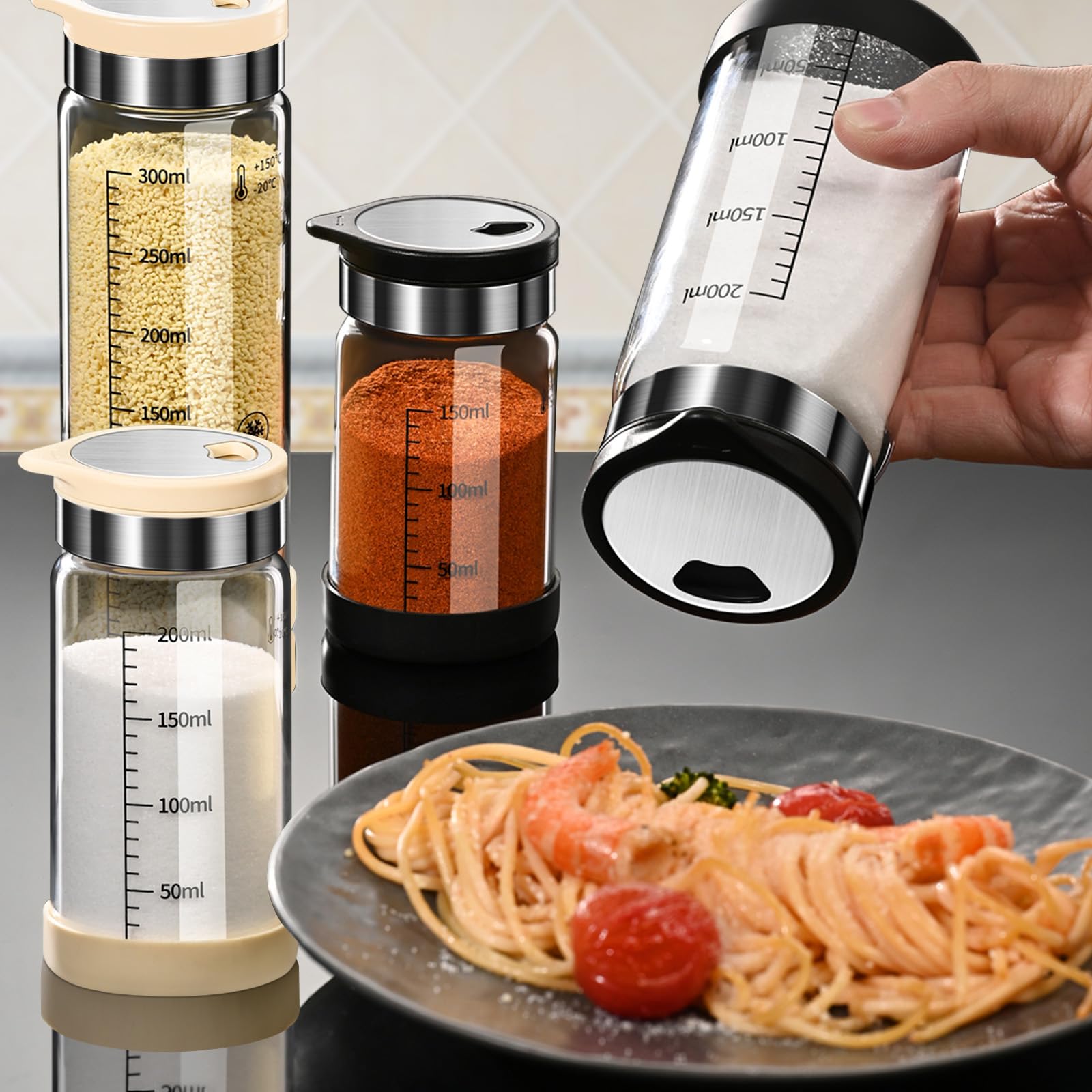 Salière et poivrière, verre borosilicaté haut avec couvercle en acier inoxydable, distributeur de sel pour cuisine (kaki, 200 ml)