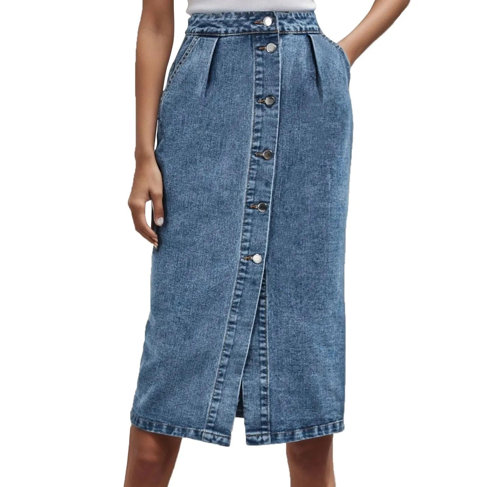 Rock Damen Langer Taille Skirt Linie Falten Frauen Denim Röcke Hohe Taille Knie Länge Röcke Mit