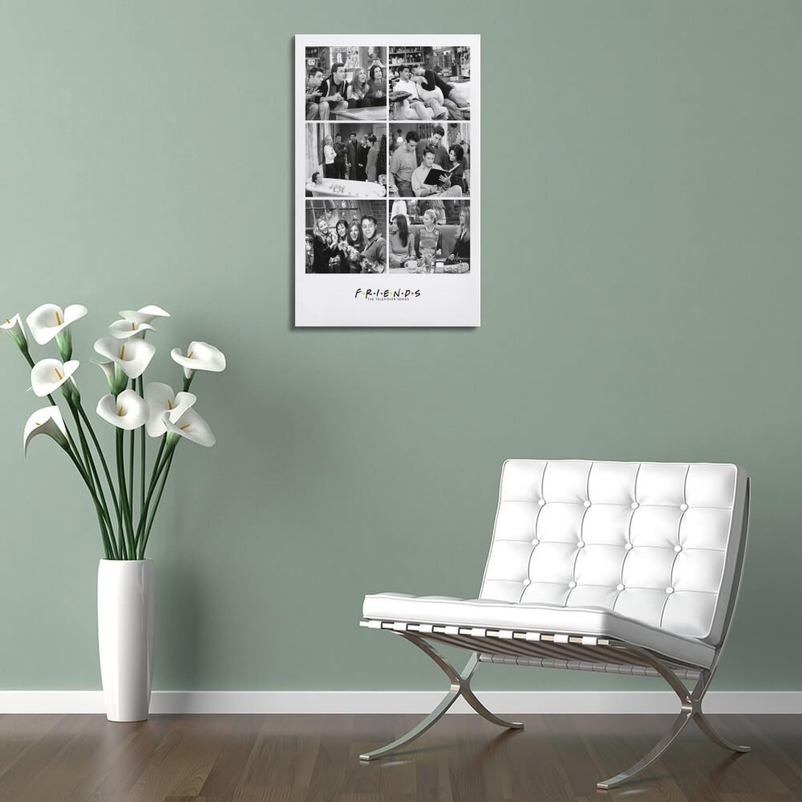Un poster in bianco e nero con sei pannelli che mostrano il cast principale della serie TV Friends in varie scene poster pittura decorativa poster da parete su tela e stampa artistica moderna camera