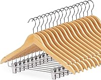 Vista 10 de Perchas de madera con clips, paquete de 16 perchas de madera para faldas con clips, perchas de madera de nogal seleccionada de alta calidad