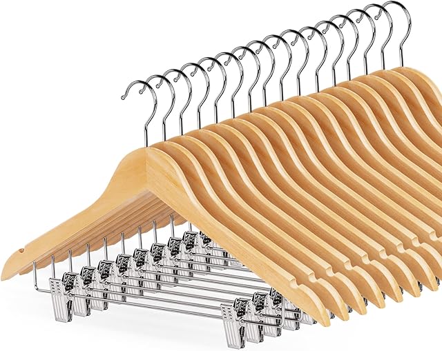 HOUISM 16 Pack Wooden Hangers with Clips, Wooden Suit Hangers Trouser Hangers Skirt Hangers Natural Smooth Finish 360° Swivel Hook, Clothes Hangers for Blouse, Dress Coat, Jacket, Skirts