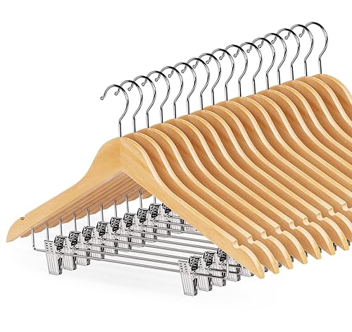 HOUSM 16Pack Wooden Skirt Hangers with Clips, Solid Wood Pants