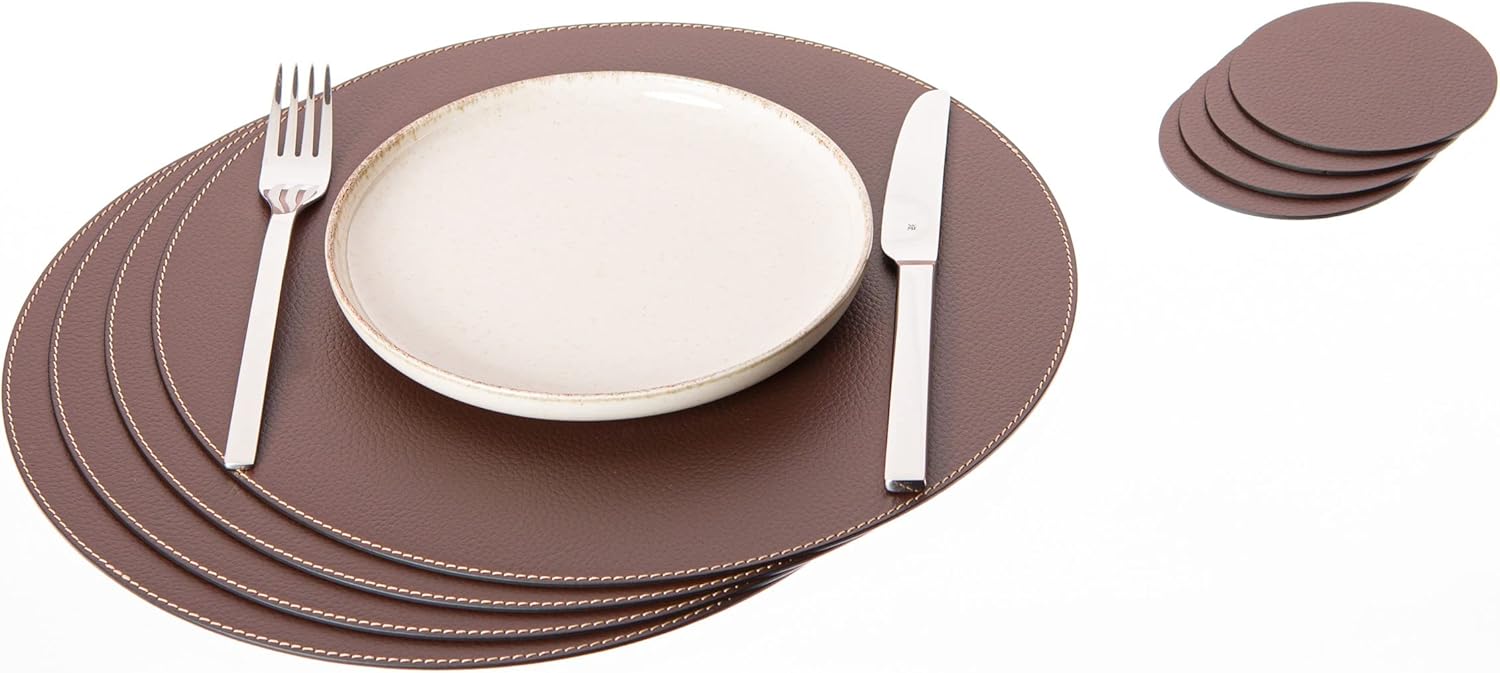 Nikalaz Set of Small Round Brown Placemats and Coasters, 4 Table Mats and 4 Coasters, Place mats 12.99 inches, Recycled Leather (Brown)
