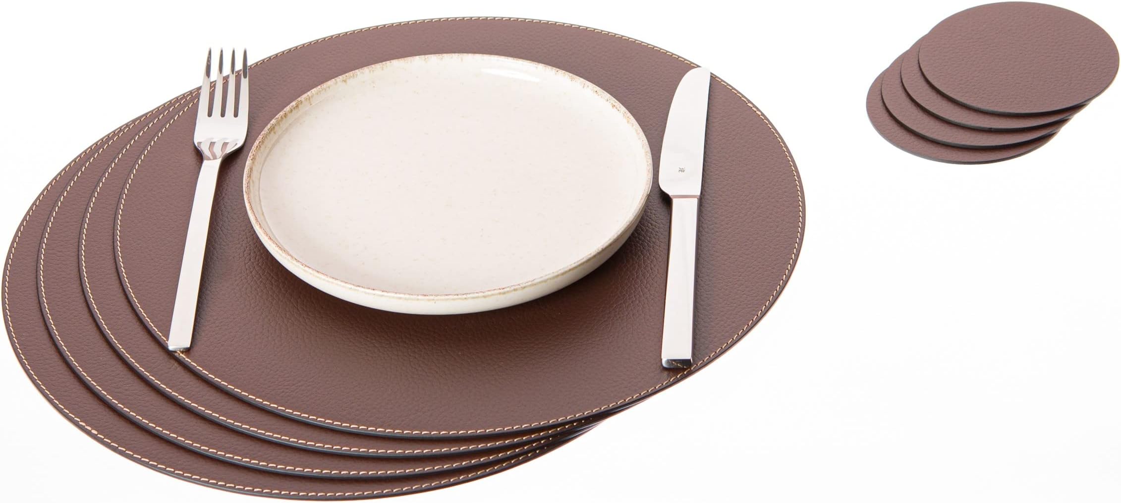 Nikalaz Set of Round Placemats and Coasters, 4 Table Mats and 4 Coasters, 33 cm Diameter Place Mat and 10 cm Coaster, Recycled Natural Leather, Dining Table Decor (Brown)
