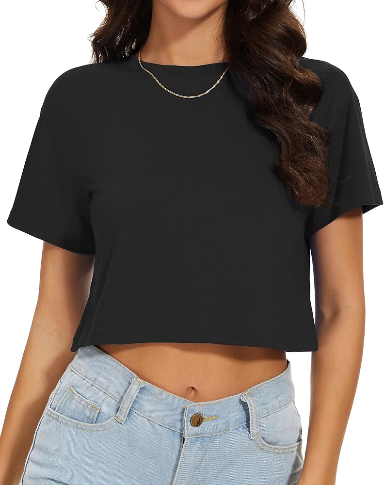 DSPSAM Women's Basic Crop Top - Summer Round Neck Loose Short Sleeve Tee Shirt - View #11
