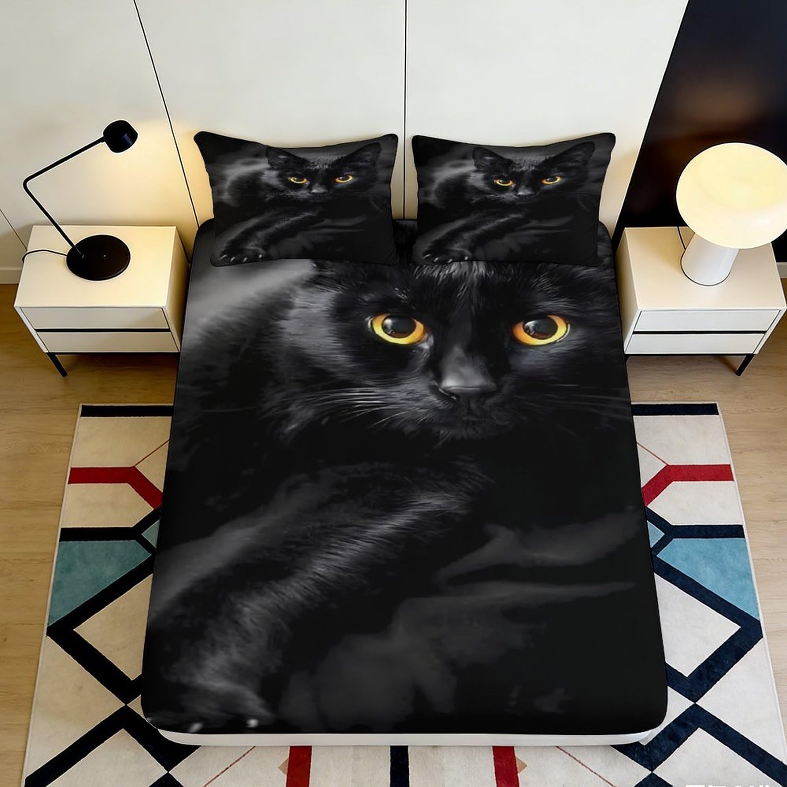 Kzqnxhjprl Style-10 3D Printed Black Cat Fitted Sheet Microfiber Soft Bedroom Decor Realistic Animal Eyes Mattress Cover For Home 90X200x25cm