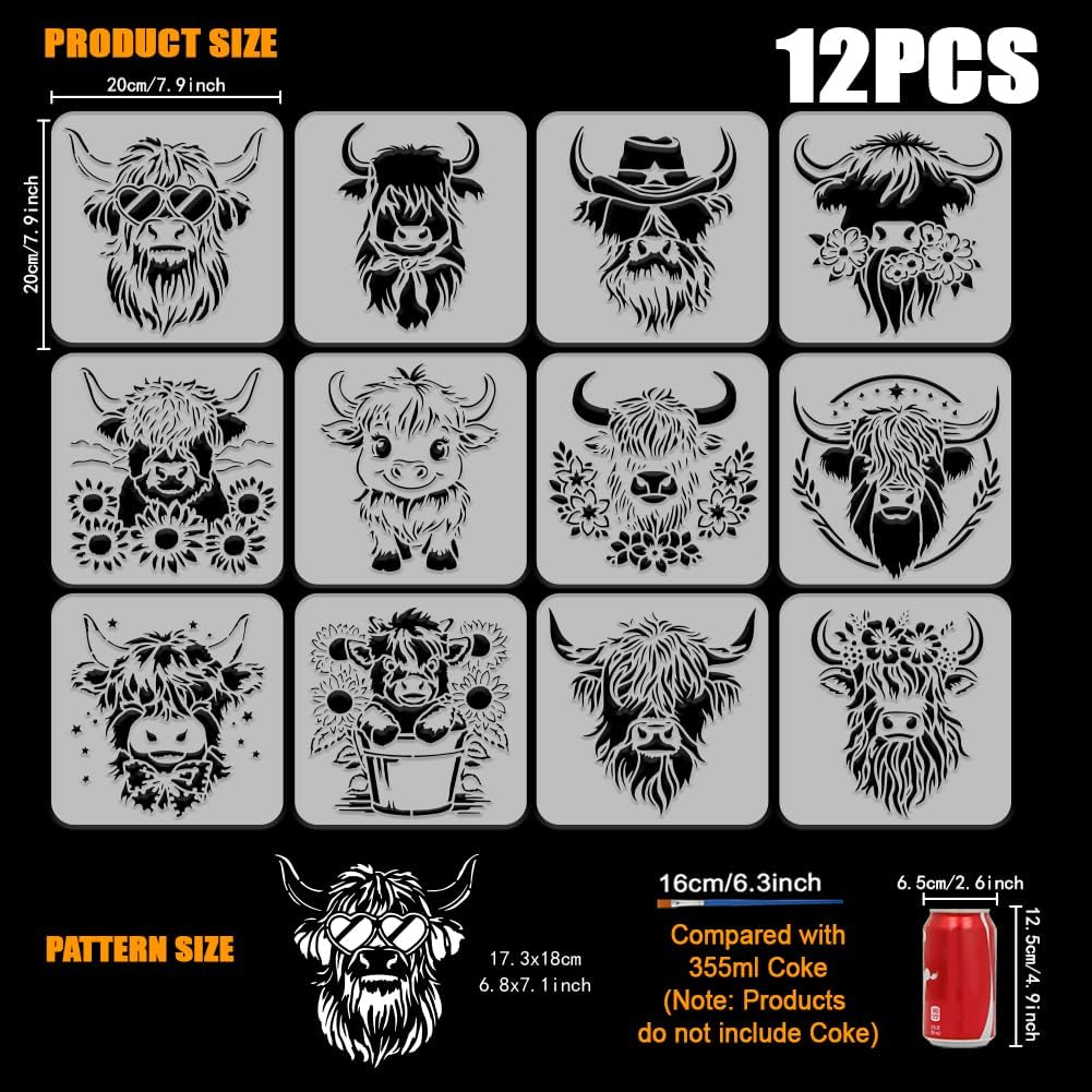FINGERINSPIRE 12Styles Farm Highland Cow Stencils with a Brush 7.9x7.9 Inch Cow Farmhouse Pattern Painting Stencils PET Animal Themes Template for Painting on Wood Fabric Furniture Home Decoration