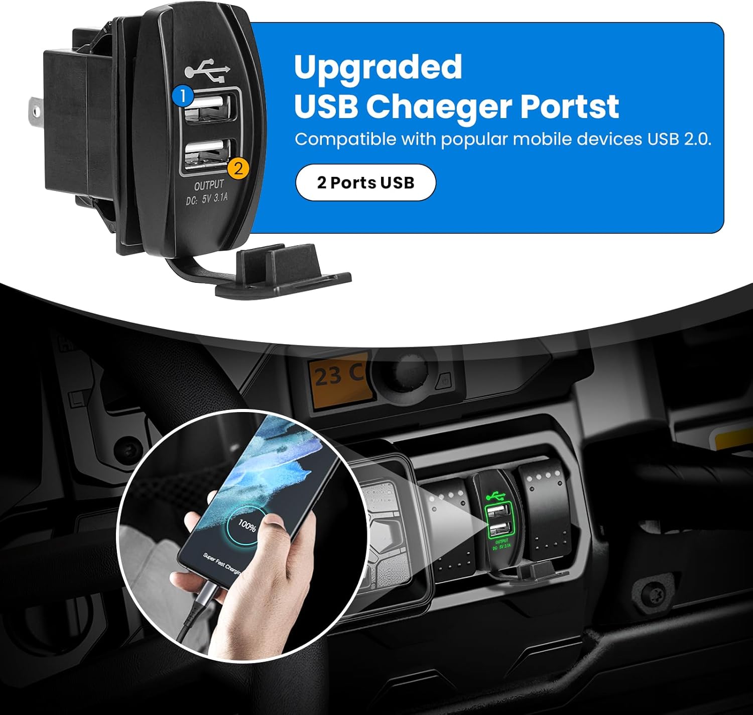 ATV UTV Turn Signal Kit, Universal Street Legal Turn Signal with Toggle Switch & 110DB Horn, 2 Ports USB Flasher Relay for Polaris, Can-Am, Kawasaki, Arctic Cat, Pioneer Golf Cart Dune Buggy