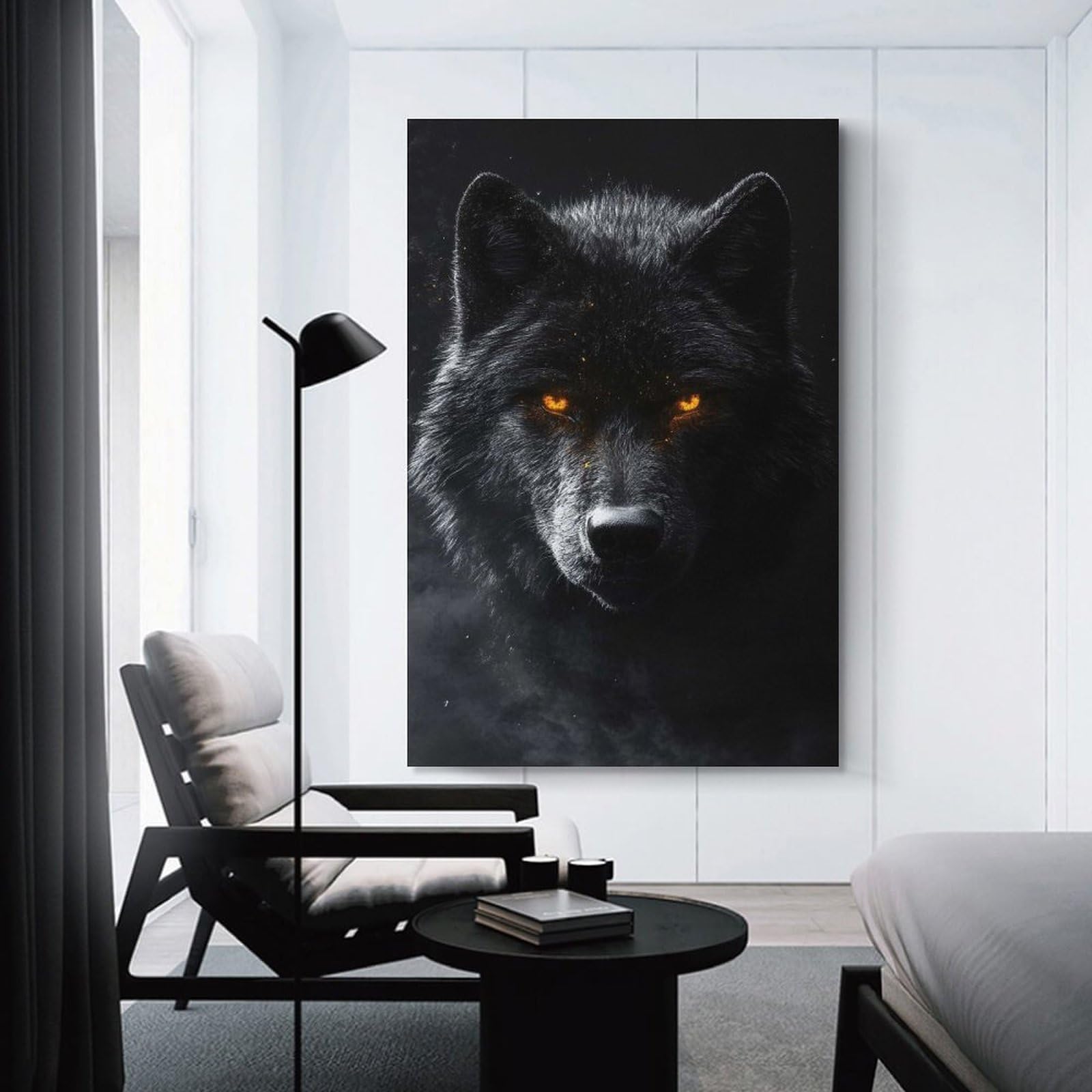 Junmoney Wall Decor Canvas Print Black Wolf with Glowing Eyes Portrait, 24x36inch(60x90cm), for Study, Office Or Apartment Decor, Canvas Artwork with Gifting Potential